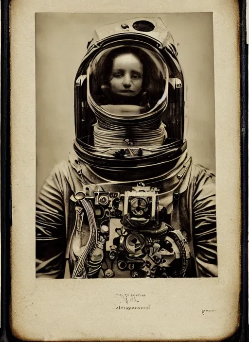 Image similar to old wetplate daguerreotype portrait of a futuristic space astronaut cyborg striking a model pose, fractal, intricate, elegant, highly detailed, parallax, leica, medium format, subsurface scattering, by jheronimus bosch and greg rutkowski and louis jacques mande daguerre