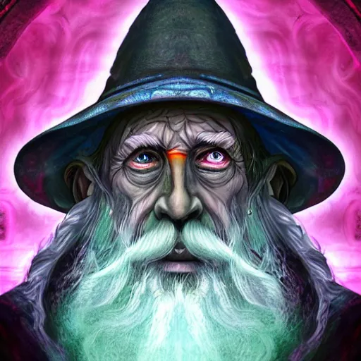Image similar to an epic image of gandalph the grey, taking lsd and waiting for psychedelic trip, background magic psycheeelic forest, acis colors, digital art, artstation, unreal engine