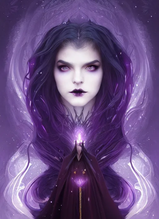 Image similar to background is moon many light effects, symmetrical centered portrait dark witch, large cloak, fantasy forest landscape, dragon scales, fantasy magic, undercut hairstyle, short purple black fade hair, dark light night, intricate, elegant, sharp focus, digital painting, concept art, matte, art by wlop and artgerm and greg rutkowski and alphonse mucha, masterpiece