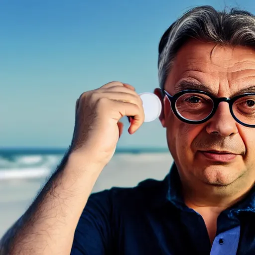 Prompt: portrait, award - winning, cute, adorable, wearing round glasses and trendy white clothing, viktor orban, beach background, sunny day, intricate, highly detailed face and hand, 8 k