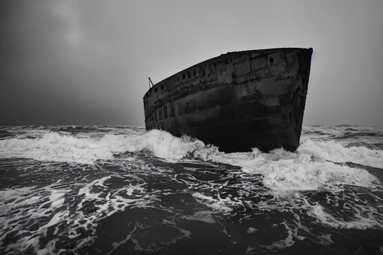 Prompt: danila tkachenko, low key lighting, a ship wreck near an abandoned high soviet apartment building in the middle of the stormy ocean, storm, lighning storm, crashing waves, dramatic lighting