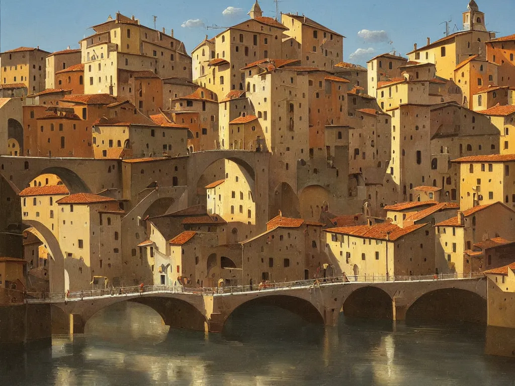 Prompt: A detailed oil painting of a beautiful Italian town and bridge by Michiel Schrijver, isometric