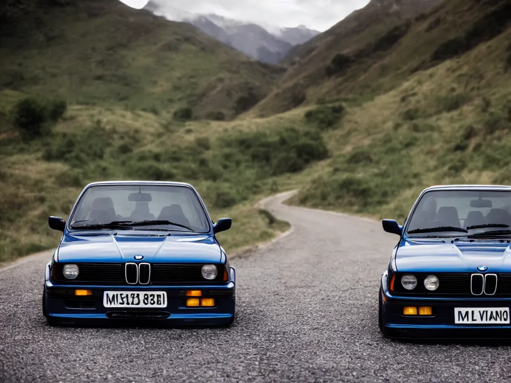 Image similar to a modified bmw e 3 0 with lights on a mountain road, motion blur, 3 5 mm photography, car photography, clean lines, realistic