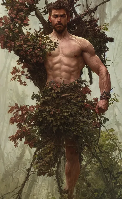 Image similar to god of the forest, rugged, handsome, male, detailed face, clean lines, atmospheric lighting, amazing, full body, thighs, flowers, muscular, intricate, highly detailed, digital painting, deviantart, concept art, sharp focus, illustration, art by greg rutkowski and alphonse mucha