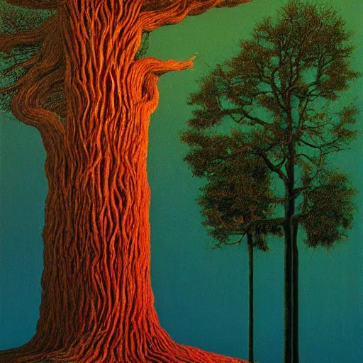 Image similar to tree b by zdzisław beksinski and rene magritte