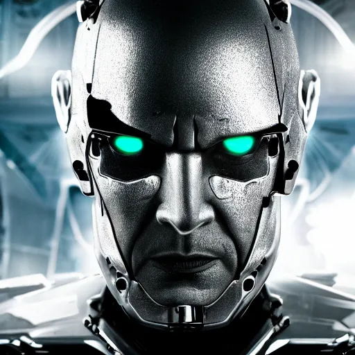 Prompt: movie still of a villain cyborg, facial expression, cinematic composition, cinematic light, by edgar allan poe