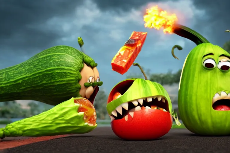 Image similar to detailed 3 d render of an angry furious zucchini with a bloody sword in his hand, running down the road chasing after a group of scared tomatoes, hyper realistic octane render, dramatic lighting, high speed chase, nightmare, surrealism, pixar, disney, cartoon