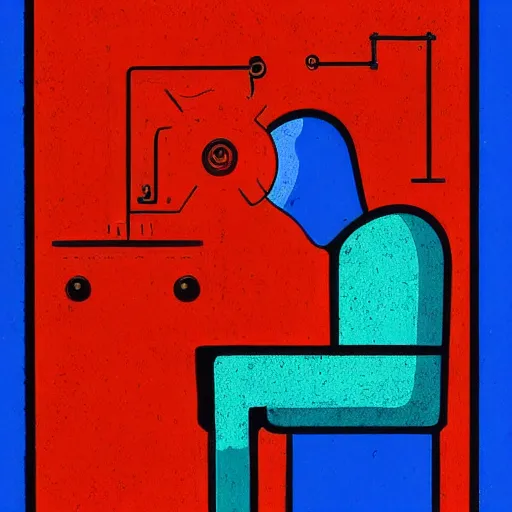 Image similar to symmetrical blue and red, mysterious figure looking at a distant machine, art