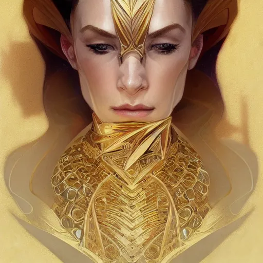 Image similar to Sandman with a gold suit, portrait, intricate, elegant, highly detailed, digital painting, artstation, concept art, smooth, sharp focus, illustration, art by artgerm and greg rutkowski and alphonse mucha