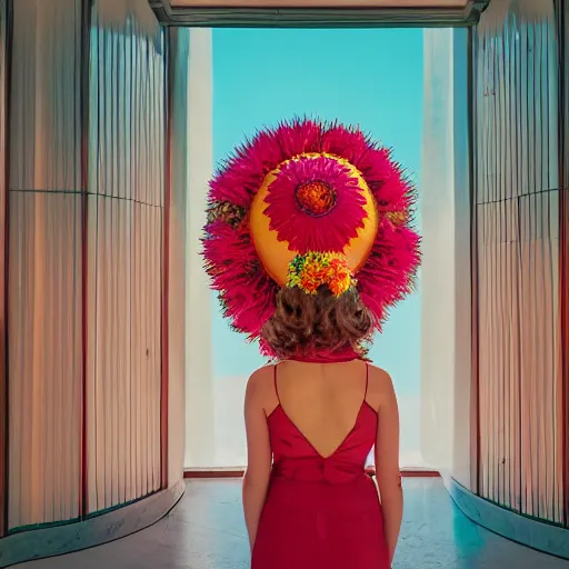 Image similar to giant flower head, frontal, girl standing in mid century hotel, surreal, symmetry, bright colors, cinematic, wes anderson