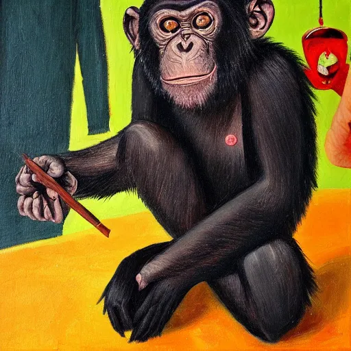 Image similar to portre of an autistic demonic chimpanzee on acid, masonic and kabalistic symbols in background, oil painting