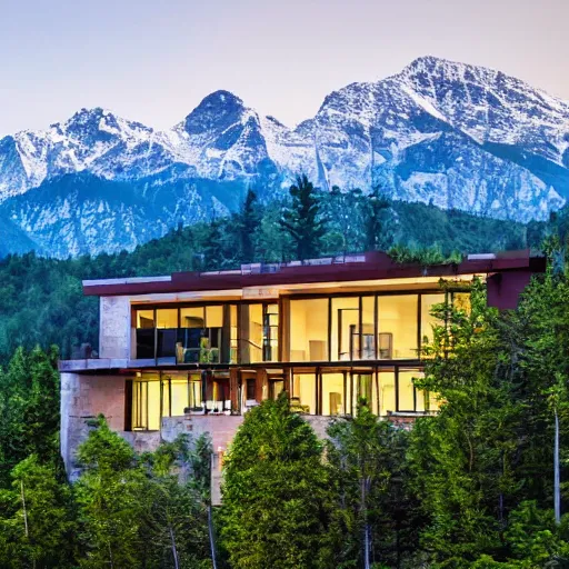 Image similar to modern mansion in forest and beautiful mountains in the background