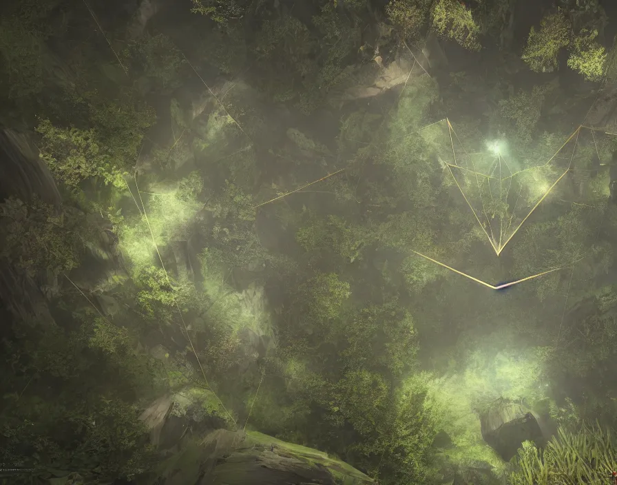 Image similar to flying geometric shiney triangle in forest, beautiful graphics, fantasy artwork, very beautiful scenery, hd, hdr, ue 5, ue 6, unreal engine 5, cinematic 4 k wallpaper, 8 k, ultra detailed, by popular digital, details, beautiful image ever created, high resolution, artstation, award winning