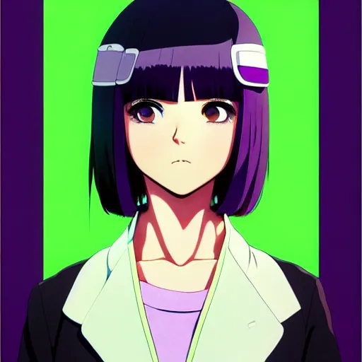 Image similar to anime poster film still portrait, black black black woman, purple colored eyes, purple colored eyes, white french bob, green colored bomber jacket, detailed facial features, dynamic pose, cute face by ilya kuvshinov, yoh yoshinari, makoto shinkai, rimlight, cel shaded, 4 k