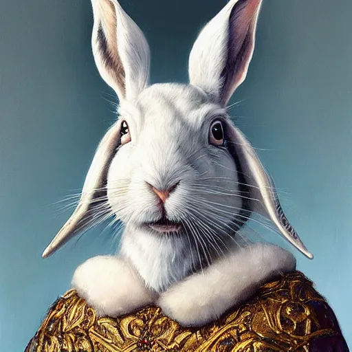 Image similar to “ an oil painting portrait of a white hare wearing medieval royal robe and an ornate crown on a dark background ” digital art, concept art, highly detailed, 3 - d 4 k, trending on art station, award winning, mark brooks,