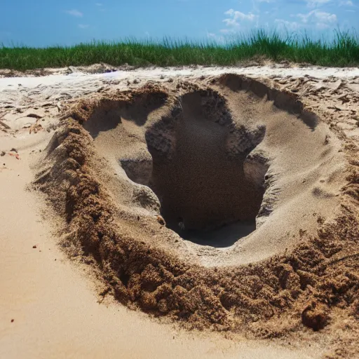 Prompt: deep dark hole on a sandy mississippi beach that has a few snakes crawling out of it, no trees no palm trees, no rocks.