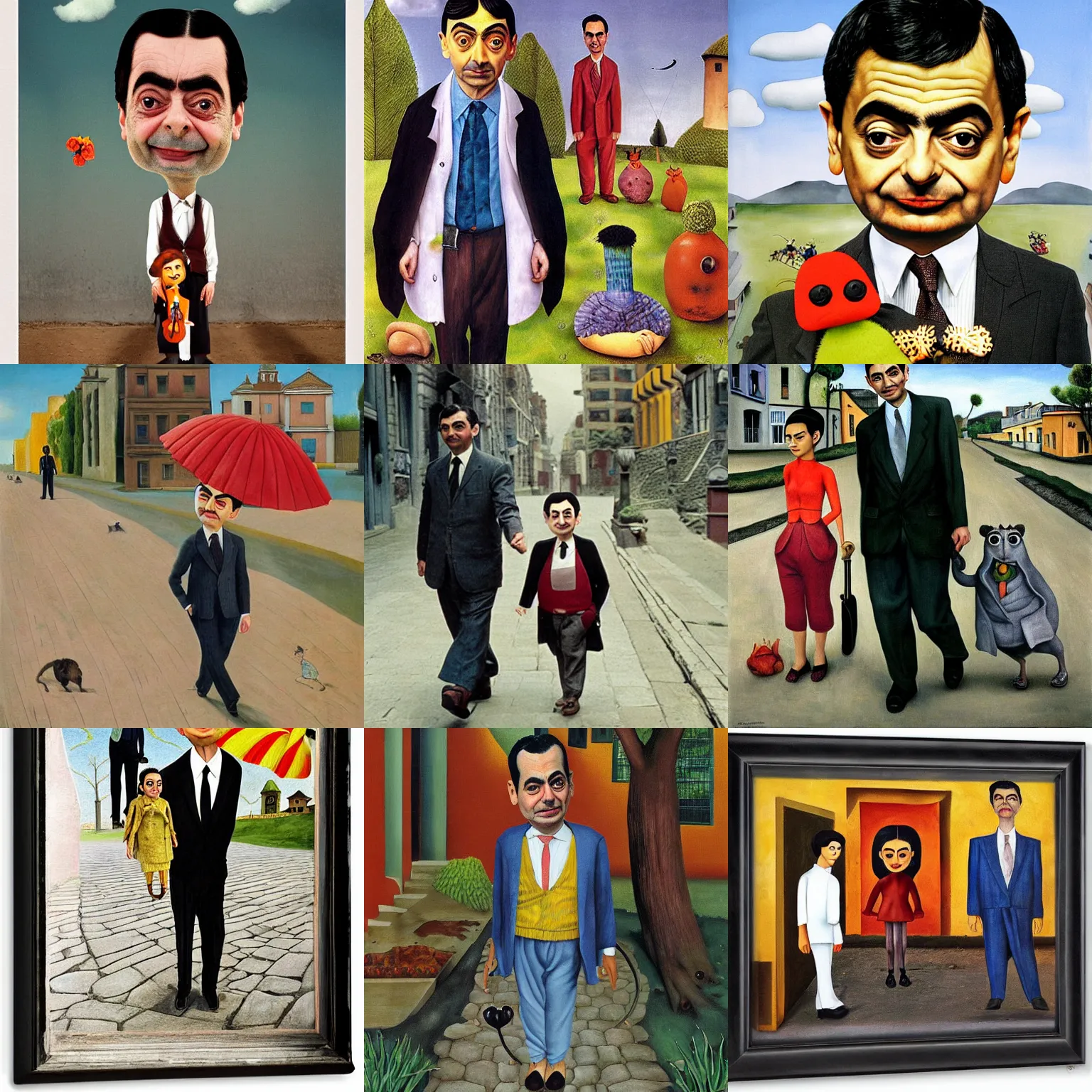 Prompt: mr. bean walks down a street on a sunny day by frida kahlo