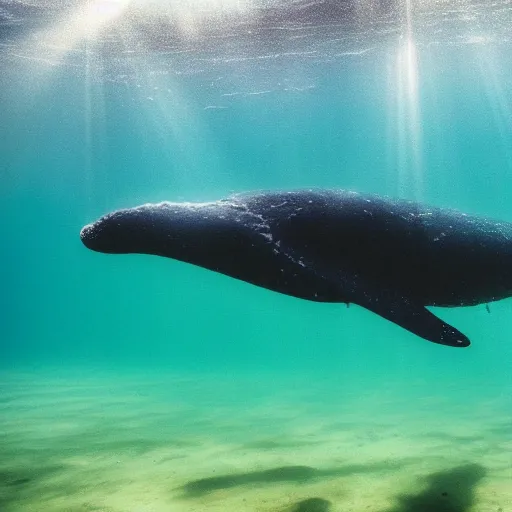 Image similar to underwater ocean, ten whales swimming up to the surface, pod, calm, realistic, peaceful, light rays, beautiful, majestic, dapple, deep ocean