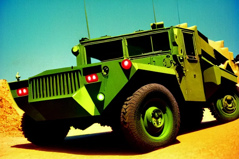 Image similar to stylized poster of a humvee concept, thick neon lights, ektachrome photograph, volumetric lighting, f 8 aperture, cinematic eastman 5 3 8 4 film