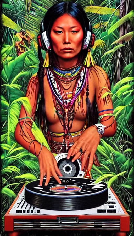 Prompt: a beautiful indigenous dj woman deejing with a pioneer turntables in the jungle, poster art by daniele caruso, benediktus budi, jason edmiston, vc johnson, powell peralta