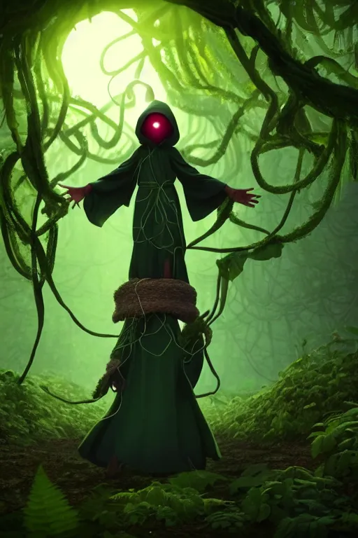 Prompt: A full body portrait of a cute shaman with no face, glowing eyes and a very long hooded dark green cloak of leaves and vines by Pixar, ominous, cosmic horror, stylized, Octane Render 4k