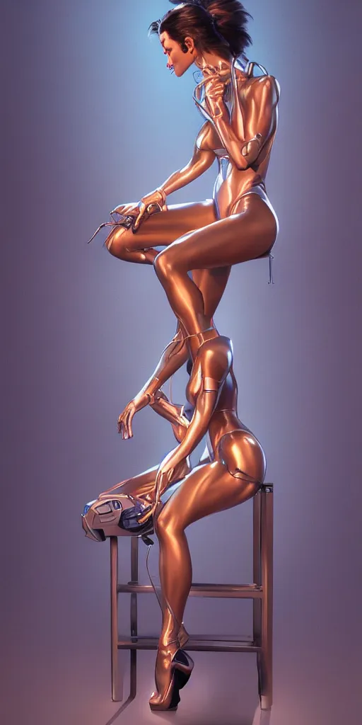 Image similar to beauty Alita woman sitting on a stool, dramatic lighting, mechanical details, electrical details, high details, 4k, 8k, trending on artstation, by Hajime Sorayama and Boris Vallejo