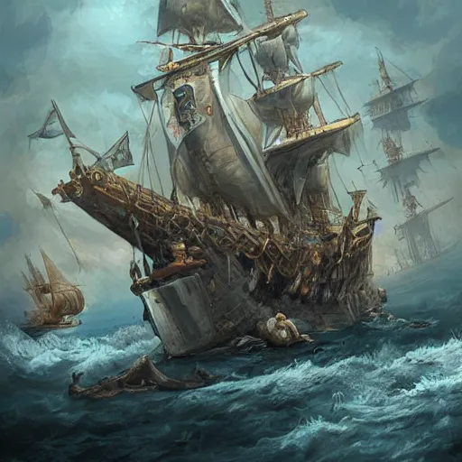 Image similar to mer people attacking a pirate ship, trending on artstation, ultra fine detailed, hyper detailed, hd, concept art, digital painting