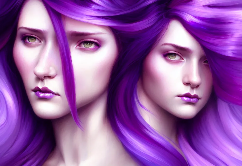 Image similar to Purple hair relistic Portrait of a two woman with bright colored flying hair, all shades of purple. Beauty face, Hair coloring, fantasy, intricate, elegant, highly detailed, digital painting, artstation, concept art, smooth, sharp focus, illustration, art by artgerm and greg rutkowski and alphonse mucha