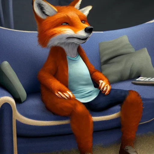 Image similar to an anthropomorphic fox wearing a t-shirt and jeans sitting on a couch, 8k resolution matte fantasy painting, cinematic lighting, DeviantArt, Artstation