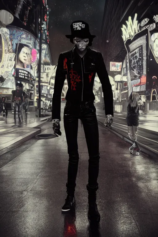 Image similar to full body portrait of a punk vampire in the shadows of the Las Vegas strip at night, cinematic, hyper realism, high detail, octane render, 8k, CGsociety, concept art