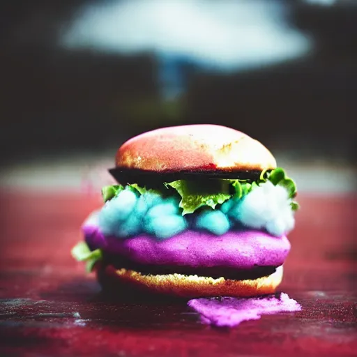 Image similar to a dramatic photo of a cotton candy burger. moody, melanchony.