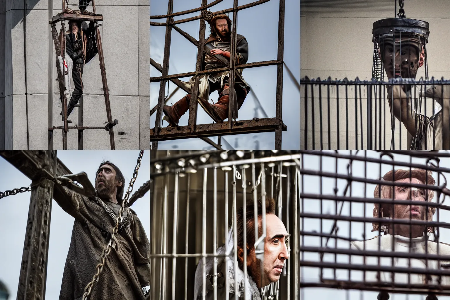 Image similar to Nicholas Cage imprisoned in a medieval gibbet of metal XF IQ4, f/1.4, ISO 200, 1/160s, 8K, in-frame