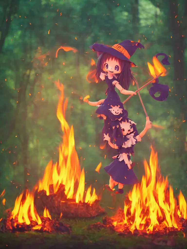 Image similar to cute fumo plush manic happy witch pyromaniac girl giddily starting a huge bonfire in the forest, anime, burning flames, warm glow and volumetric smoke vortices, rule of thirds composition, vignette, vray