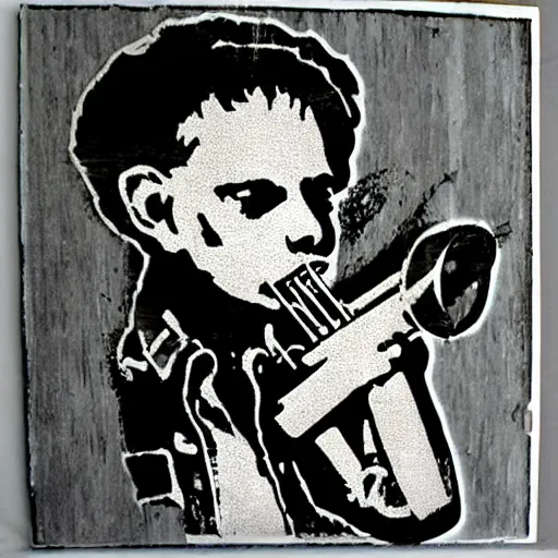 Image similar to punk grunge stencil art of a Possum playing trumpet