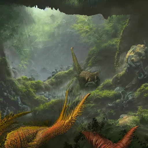 Prompt: Canyon in the jungle with corals and dinosaur dkeletons, 8k, detailed, concept art, trending on artstation