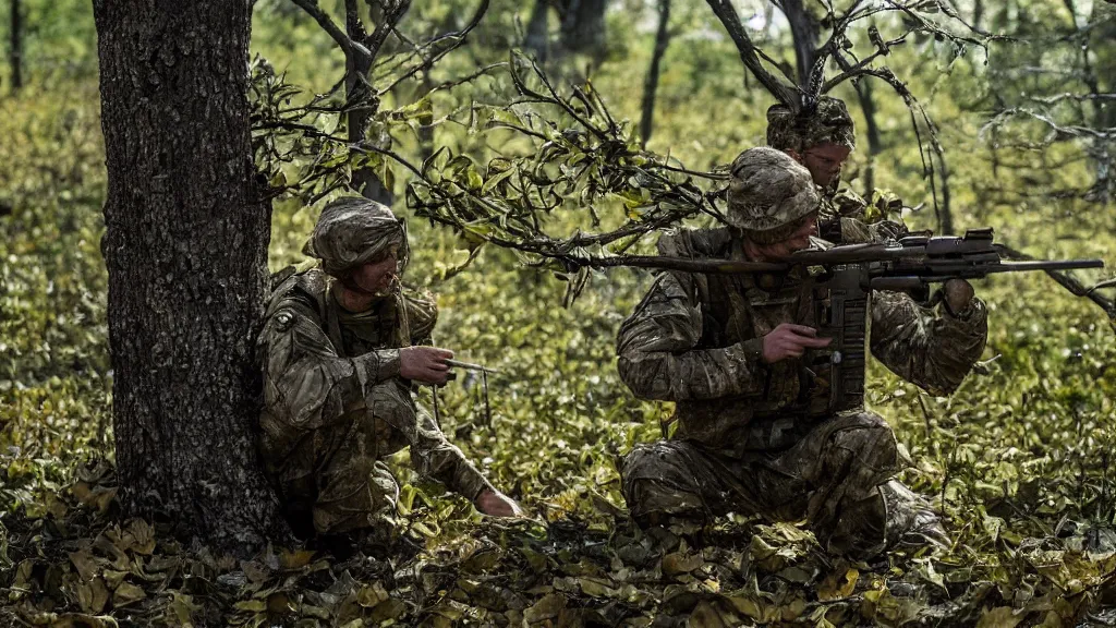 Image similar to a soldier with a rifle in tarkov made of leaves and twigs hiding in a tree, film still from the movie directed by Denis Villeneuve with art direction by Salvador Dalí, wide lens