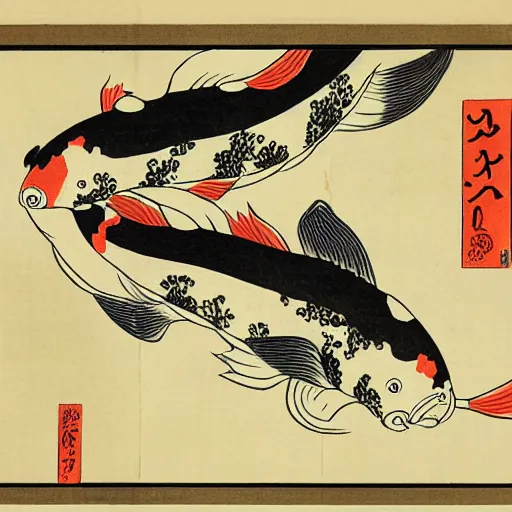 Prompt: koi by utagawa yoshiiku, featured on pixiv, ukiyo - e, ukiyo - e, woodcut, creative commons attribution