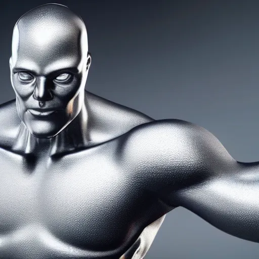 Image similar to still photo of silver surfer, highly detailed, photorealistic portrait, bright studio setting, studio lighting, crisp quality and light reflections, unreal engine 5 quality render