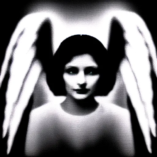 Image similar to vhs static overlay of angel apparition, vhs, 1 9 9 0, highly realistic, highly detailed, vhs noise static, black and white, vhs glitch