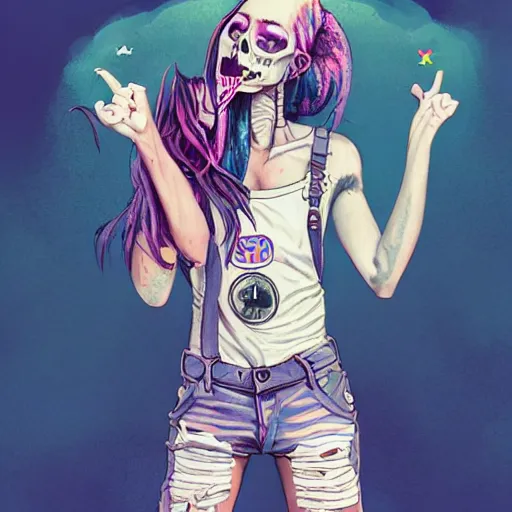 Prompt: a grungy skull woman with rainbow hair, sally, soft eyes and narrow chin, dainty figure, long hair straight down, torn overalls, short shorts, combat boots, basic white background, side boob, symmetrical, single person, style of by jordan grimmer and greg rutkowski, crisp lines and color,