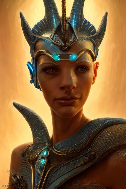 Image similar to portrait of a beautiful female hybrid cyborg atlantean anubis hada elsa jean alien warrior, regal, realistic, refined, detailed, digital art, jessica rossier, michael cheval, esao andrews, steampunk, walt disney ( 1 9 3 7 ), francois boucher, oil painting, highly detailed, cinematic lighting, unreal engine, 8 k, hd