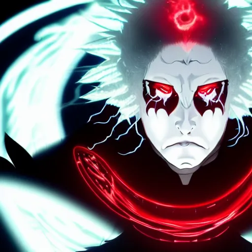 Prompt: key visual for the dramatic villain Lucius wreathed in white hot flames, Resonant red and white glowing eyes, black background, strong bold type, genetically engineered living weapon, pale blond male, close up focus