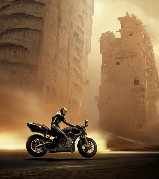 Image similar to mamimi riding a motorcycle in the race to the ancient and majestic tower of babylon destroyed, tron legacy, hyper realistic, ambient lighting, concept art, intricate, hyper detailed, tarkovsky greatest scene, smooth, dynamic volumetric lighting, octane, raytrace, cinematic, high quality, high resolution, 4 k, cgsociety, rutkowski, gurney