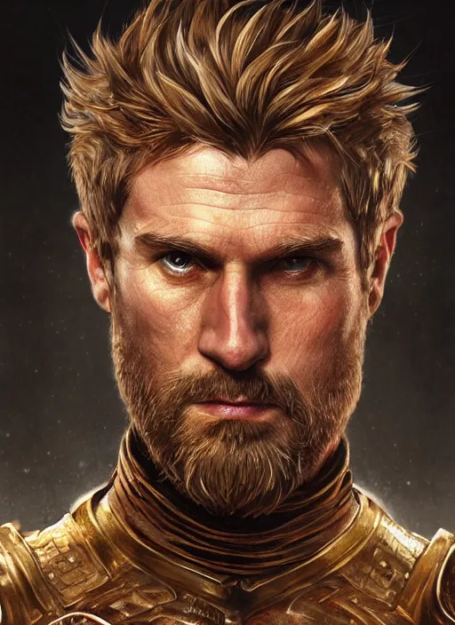 Image similar to highly detailed oil painting, masterpiece portrait warrior male lannister, fantasy character portrait, dynamic pose, above view, top lighting, realistic shaded, perfect face, 8 k realistic, hyper detailed, digital painting, artstation, concept art, hyper detailed eyes