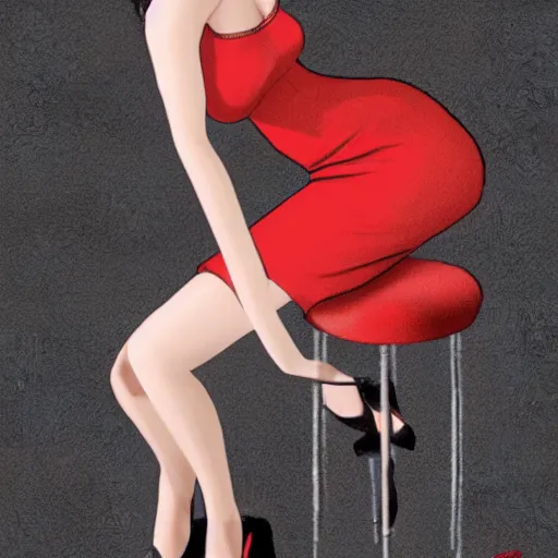 Image similar to woman, red short dress, black hair, high quality, by milo manara, 3 d render, red high heels, face, house