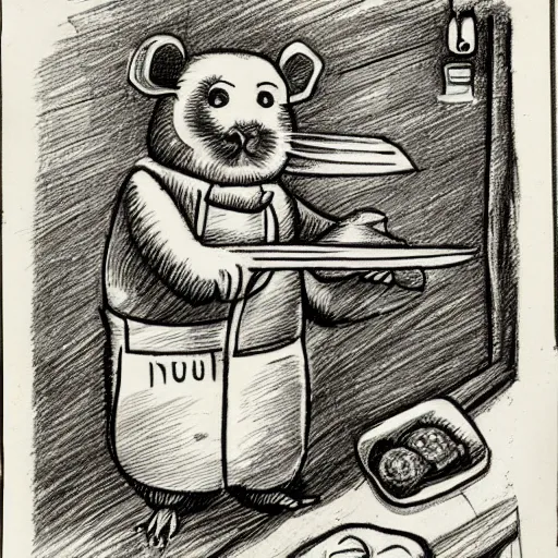 Prompt: a hamster with an evil face, working in a butcher shop, holds knives in his hands. drawing. front view.