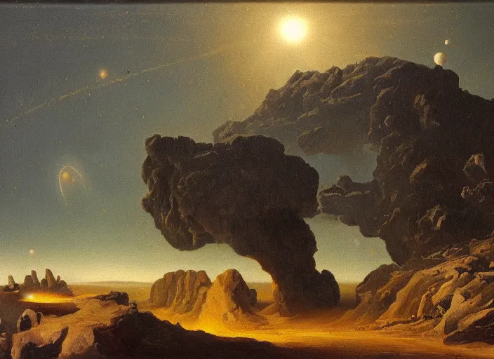 Image similar to earth during the cretaceous – paleogene extinction event, just as the asteroid is colliding with earth, focus is on the asteroid itself in the style of hudson river school of art, oil on canvas