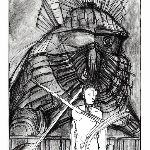 Prompt: oedipus and the sphinx drawing by tsutomu nihei