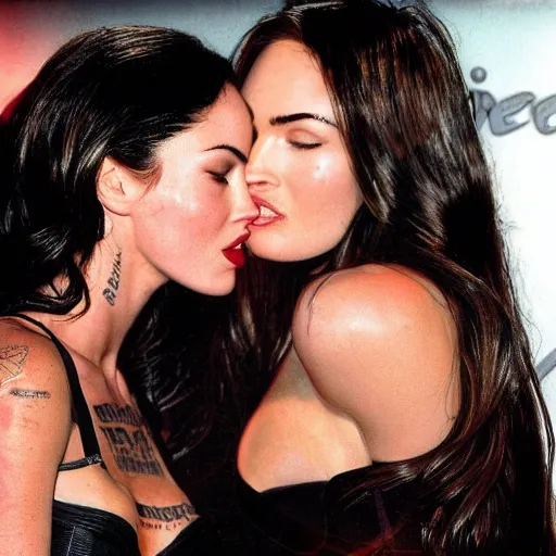 Image similar to megan fox kisses megan fox, photorealistic, ultra detailed