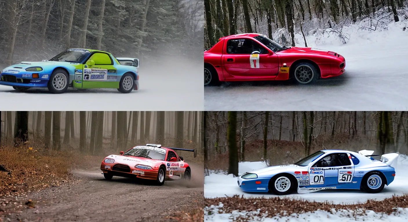 Prompt: a 1 9 9 7 mazda rx - 7, racing through a rally stage in a snowy forest